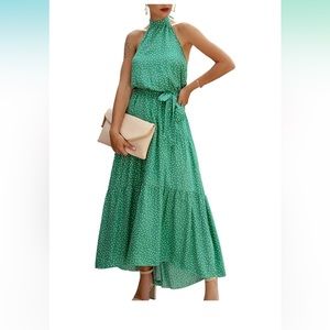 Maxi Dress Halter Neck Polka Dot Backless Sleeveless Sundress with Belt